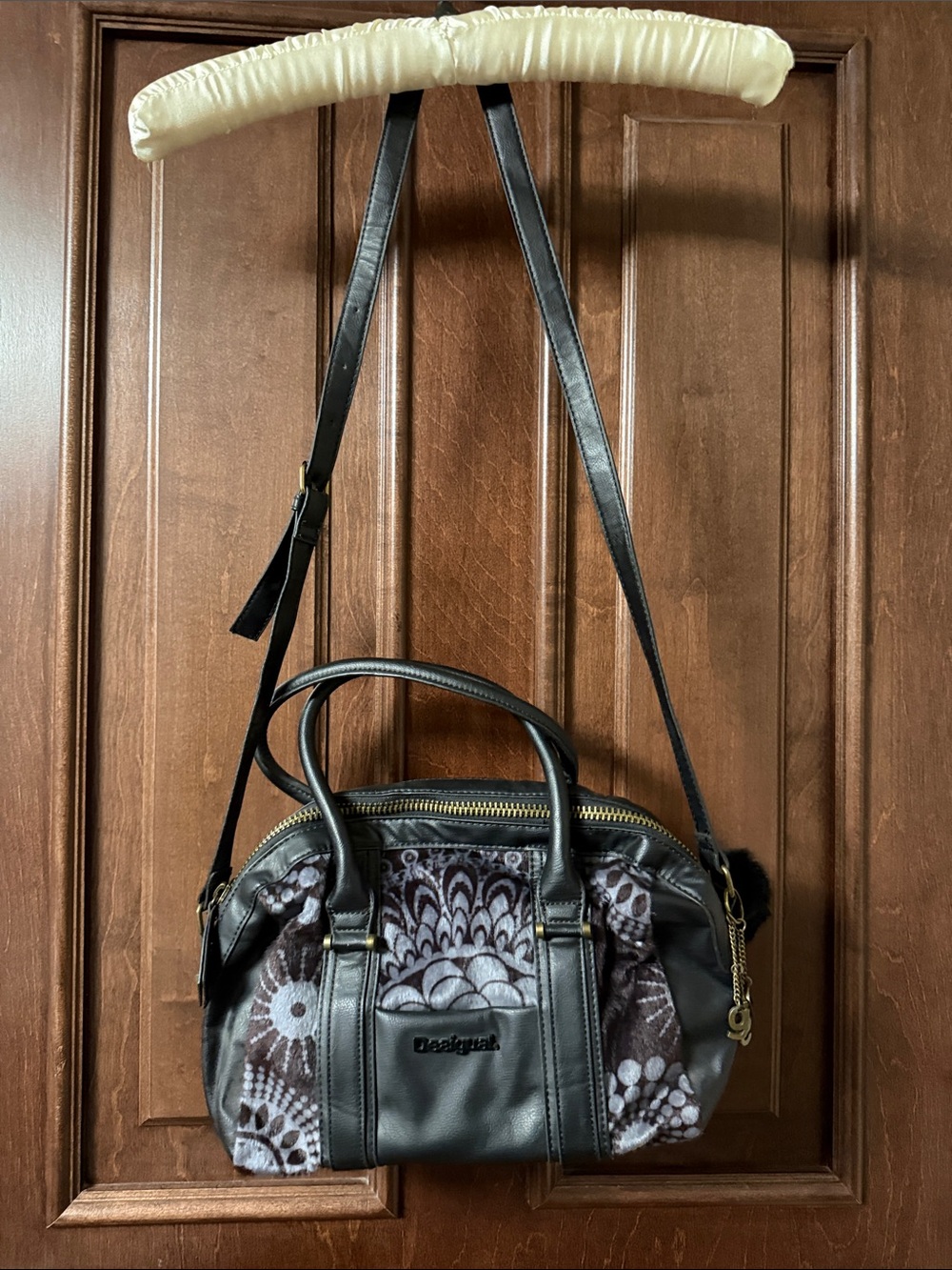 Desigual Black and Gray Velvet Patterned Crossbody Satchel